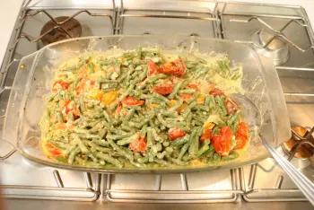Haricots verts à la crème de feta et tomates cerises